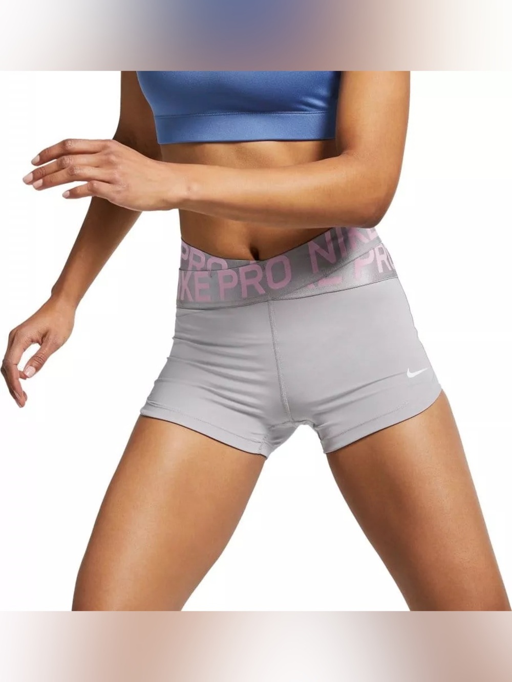 Nike Pro Women’s Mid-Rise 3" Biker Shorts – Thunder Grey/Pink Foam/Metallic – XS